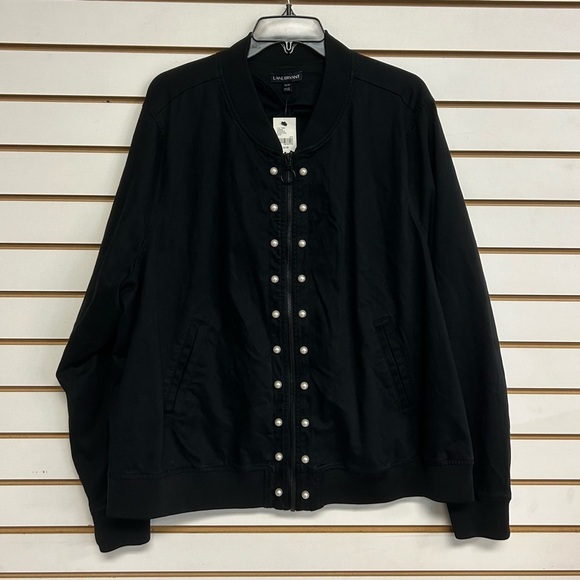 Lane Bryant 26/28 Bomber Jacket Black Faux Pearl Full Zip Long Sleeve Ruched NWT - Picture 1 of 11